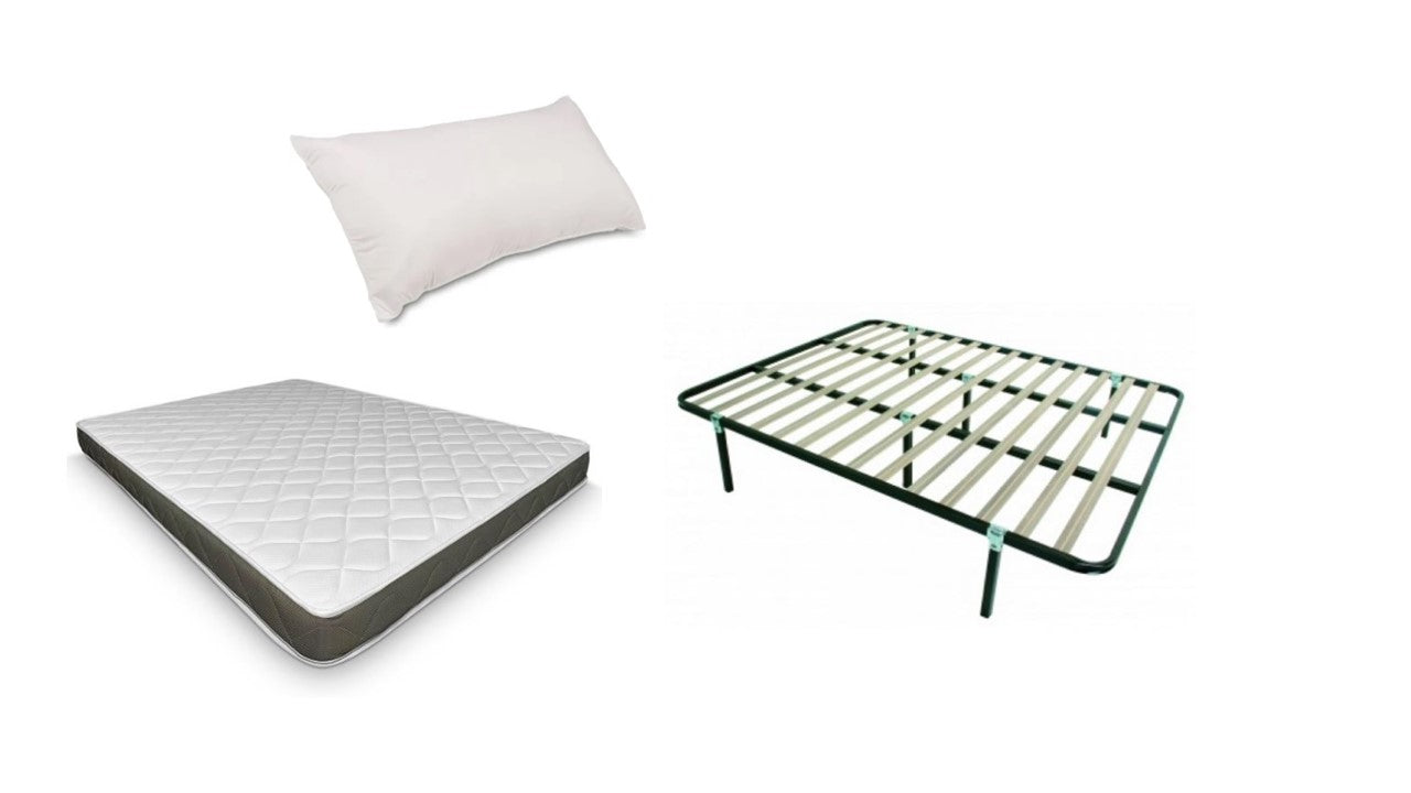 O Pack inclui colchão, estrado com pés e almofada. O colchão é constituido por espuma de alta resistência com 12 cm de altura, revestido com tecido Jaquard/Damasco. PACK Super Económico. É um colchão de firmeza intermédia, está especialmente recomendado para pessoas de pouco peso ou peso intermédio.