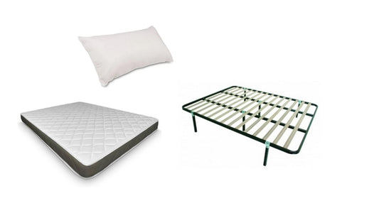 O Pack inclui colchão, estrado com pés e almofada. O colchão é constituido por espuma de alta resistência com 12 cm de altura, revestido com tecido Jaquard/Damasco. PACK Super Económico. É um colchão de firmeza intermédia, está especialmente recomendado para pessoas de pouco peso ou peso intermédio.